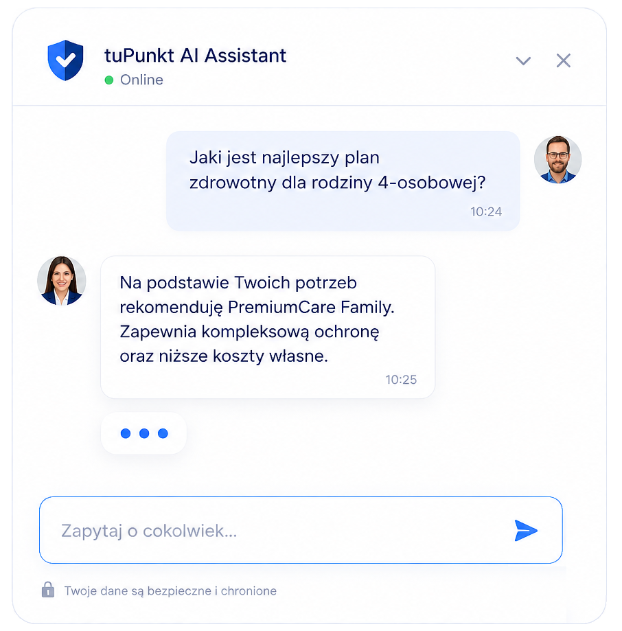 Panel czatu tuPunkt AI Assistant z rekomendacją ubezpieczeniową